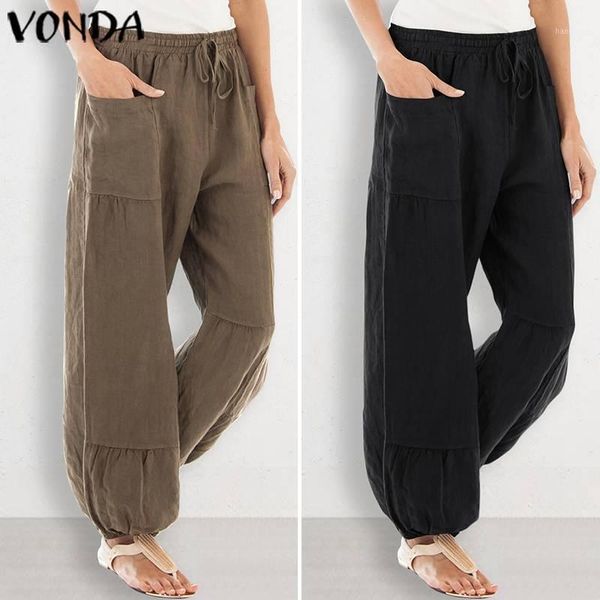 

vonda vintage long pants loose harem pants korean elastic waist women's trousers bohemian pantalon overalls femme streetwear1, Black;white