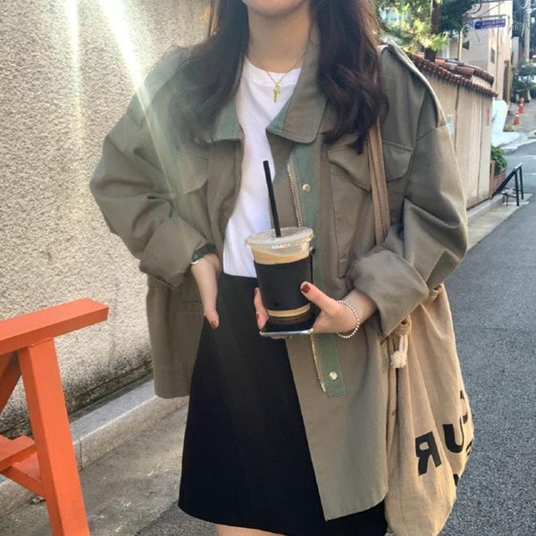 

fashion trench coat female autumn windbreaker summer casual loose safari clothes turn-down collar 2020 women short zipper jacket1, Tan;black