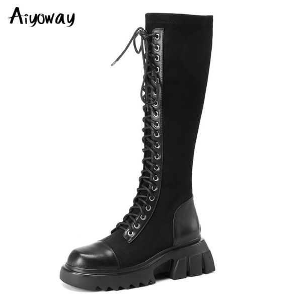 

autumn winter knee high oxfords motorcycle boots women lace up chunky platform cow leather flock wild footwear black