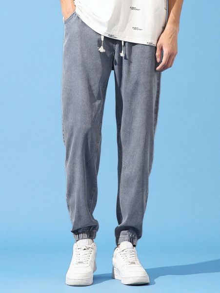 

men slant pockets drawstring waist jogger jeans o9jk#, Blue