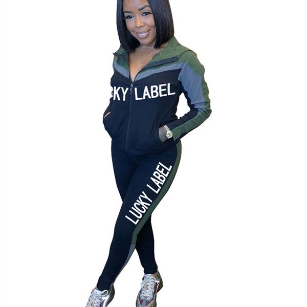 

плюс размер женщины scestsuits счастливая этикетка письма сплошной цвет с капюшоном с капюшоном с капюшоном с капюшоном на молнии брюки спор, White