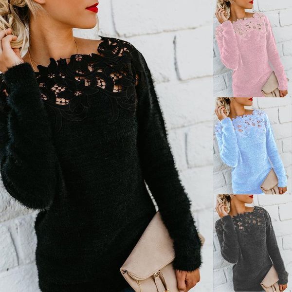 

2021 autumn/winter ladies pullover long sleeve knitted lace sweater round neck plush popular winter streetwear1, White;black