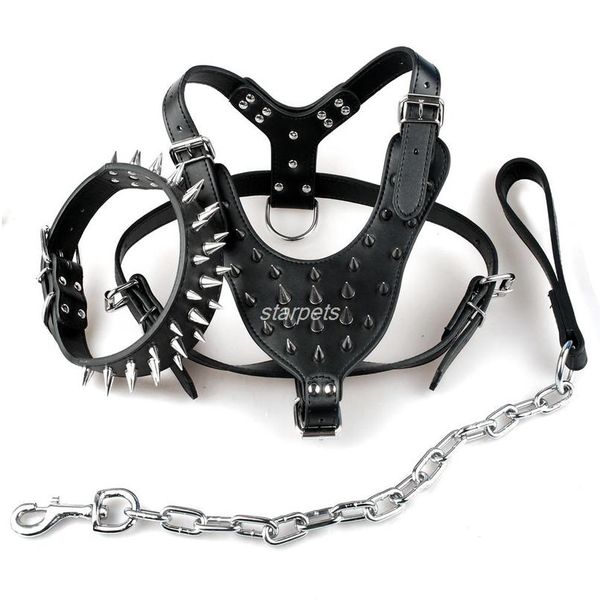 

cool spiked studded leather dog harness rivets collar and leash set for medium large dogs pitbull bulldog bull terrier 2 jlljul