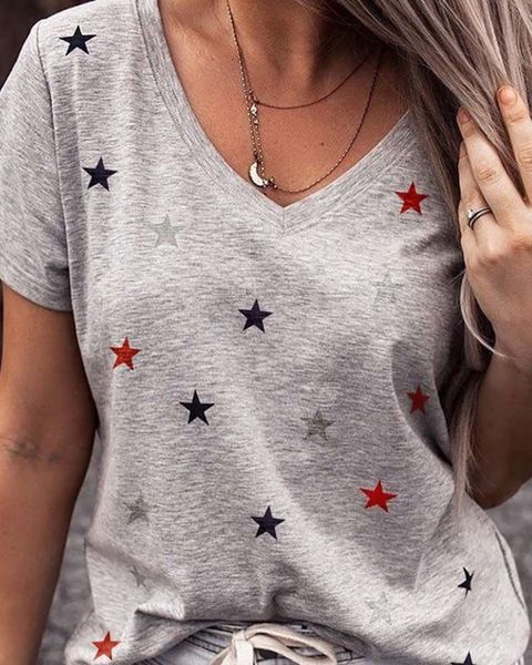 

spring / summer 2020 pentagram craft printed v-neck short sve t-shirt, Black;gray