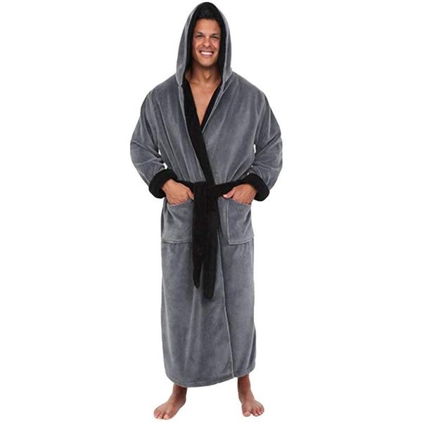 

men's sleepwear plus size winter lengthened plush shawl bathrobe homewear clothes male solid color long sleeved robe coat with hooded, Black;brown