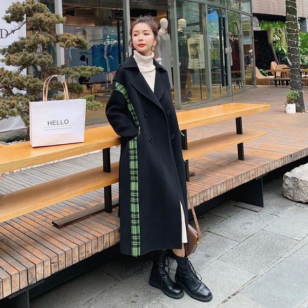 

new female jacket 2020 autumn winter stitching plaid mid-length knee-high loose casual thickened warm wool woolen coat a961, Black