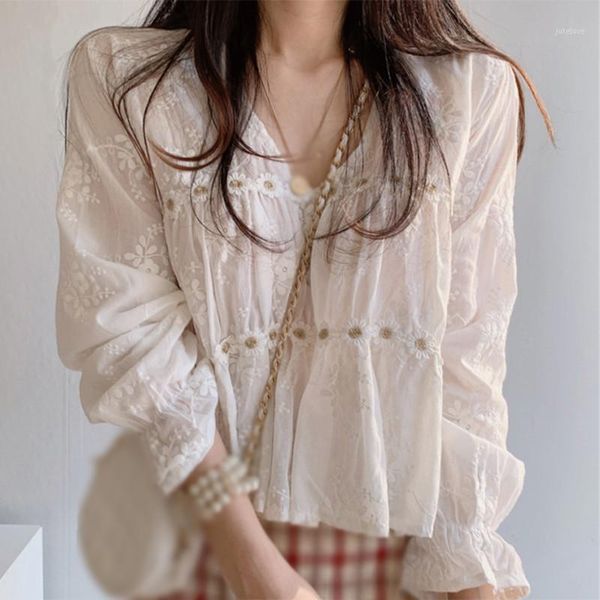 

chic hollow v-neck blouse korean fashion flower blouses women spring autumn long sleeve shirt 1, White