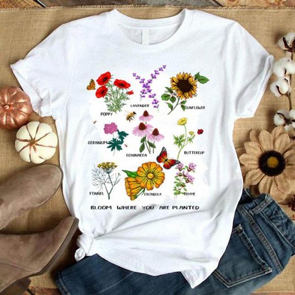 

harajuku flower plant letter ladies women letter printed graphic shirt summer cartoon cute ladies women female casual tees, White