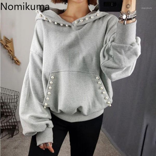 

nomikuma hooded hoodies women pearl design solid color casual loose long sleeve pullover sweatshirt female autumn new 3d4671, Black