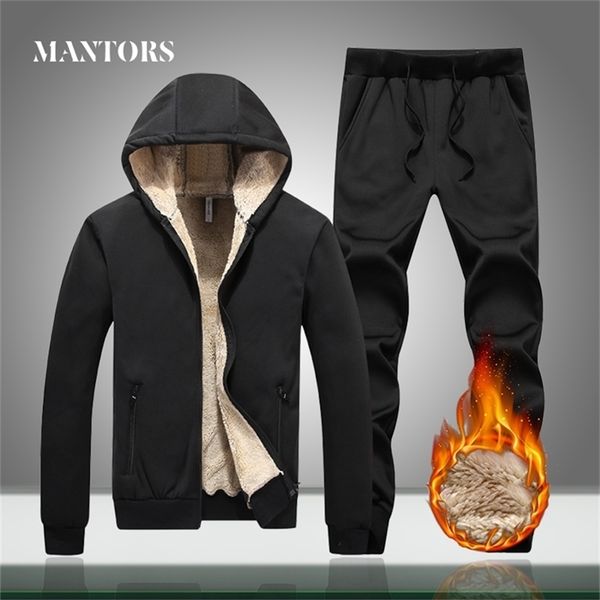 

winter thick men casual tracksuit sportswear zipper mens hooded sets jackets+pants warm plus velvet sports suit 2pcs solid color 201210, Gray