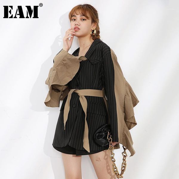 

eam] women black ruffles bandage big size blazer new lapel long sleeve loose fit jacket fashion spring autumn 2020 1y225011, White;black