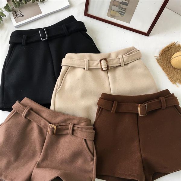 

plus size korean shorts women autumn winter high waist shorts with belt casual loose woolen thick warm boots shorts short pants, White;black