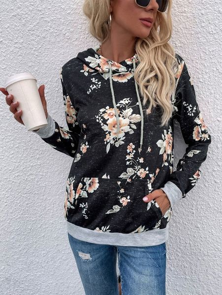 

floral print kangaroo pocket drawstring hoodie h0wl#, White;black