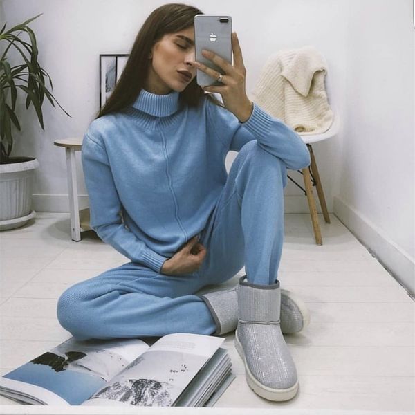 

hlbcbg stylish knit suit womens casual solid two piece sets turtleneck mid line sweater+pant tracksuit female suits 201110, White