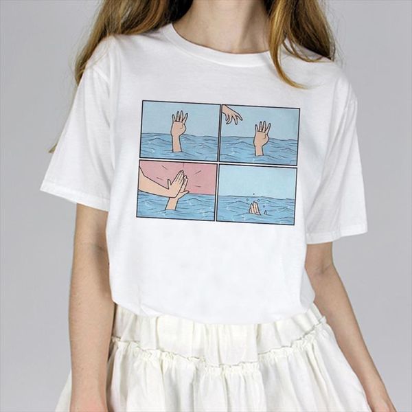 

летняя новая мода весело мультфильм повседневная harajuku ulzzang повседневная женщина большой размер свободные с короткими рукавами топы тр, White