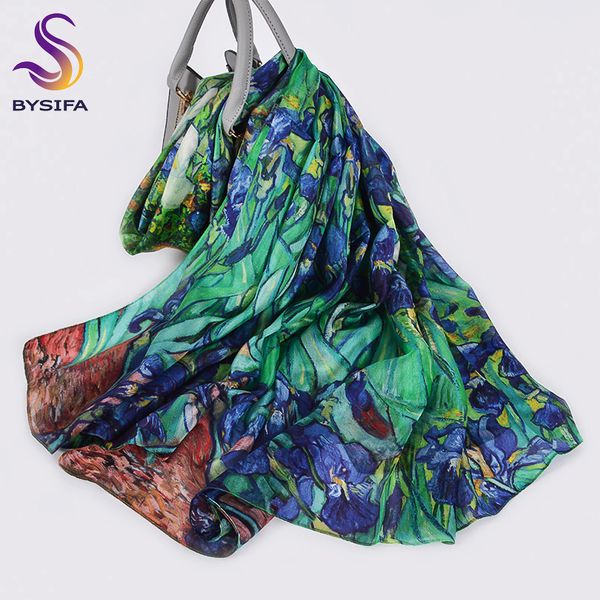 

bysifa] new blue green silk scarf shawl women fashion brand 100% pure silk long scarves autum winter warm neck head scarf hijab y201007, Blue;gray