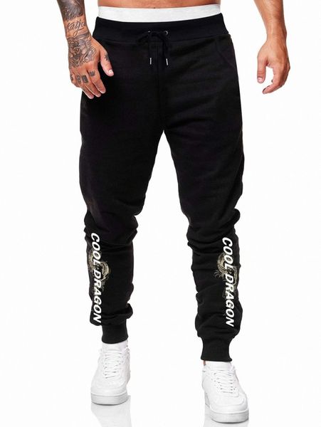 

romwe guys chinese dragon & letter graphic sweatpants n3h6#, Black