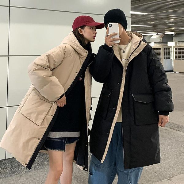 

thick long coat men's warm fashion hooded coat mens streetwear wild loose winter jacket men overcoat couple clothes m-3xl, Black