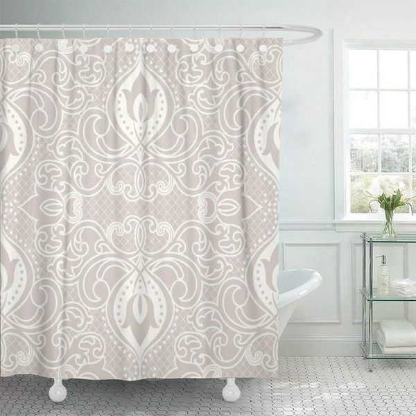 

shower curtain with hooks baroque damask pattern in beige vintage old swirl antique classic curve doodle decorative bathroom