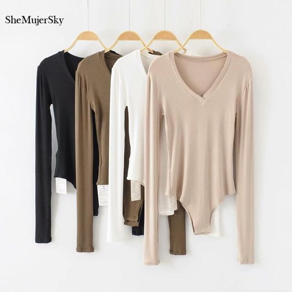 

shemujersky slim long sleeve bodysuits autumn solid white skinny bodysuit v-neck short jumpsuits1, Black;white