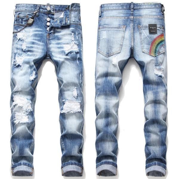 

mens badge rips stretch men jeans fashion slim fit washed motocycle denim pants panelled hip hop casual zipper mens jeans, Blue