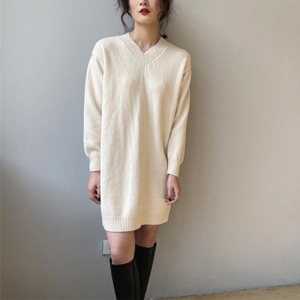 

casual dresses spring and autumn women's solid color v-neck long-sleeved knitted dress vestidos, Black;gray