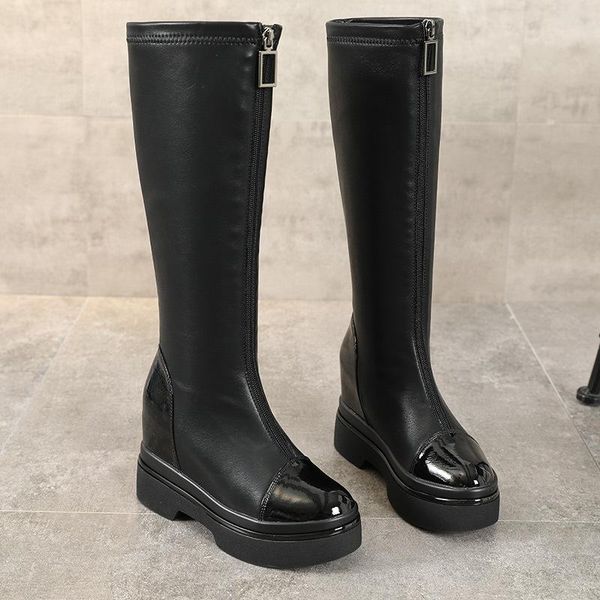 

boots swyivy wedges shoes genuine leather high for women slim leg on platform 2021 female tall chunky, Black
