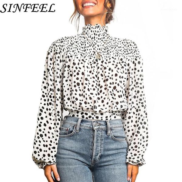 

women's blouses & shirts fashion women floral print chiffon blouse 2021 spring autumn turtle neck long sleeve lady shirt dot pattern la, White