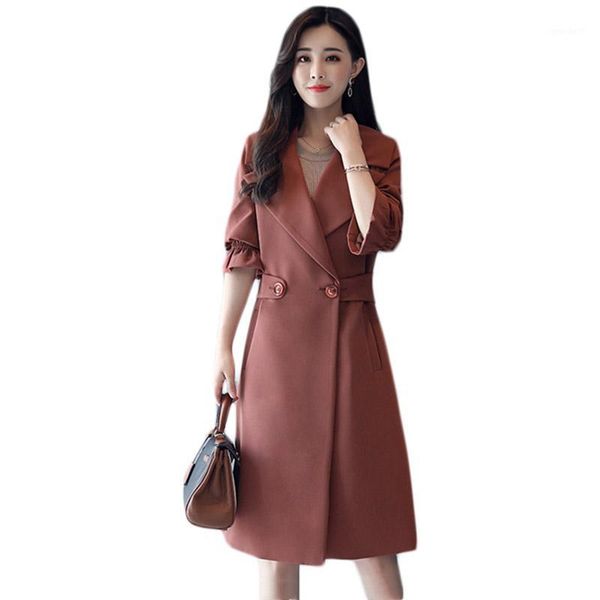 

women's trench coats windbreaker female 2021 autumn harbor style temperament casual waist ladies outerwear women over the knee long coa, Tan;black