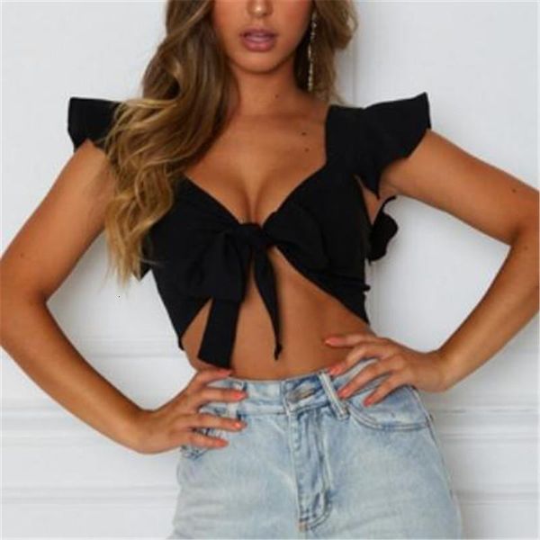 

solid women short sleeves wear new front bowknot tie tank ladies soild color casual ruffles strpypy short vest hot, White