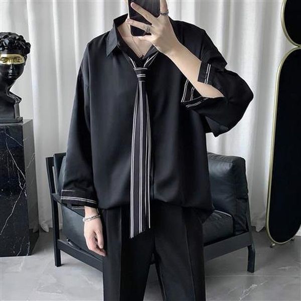 

men shirts 2021 new vintage shirt male with tie men vintage clothing spring fall leisure all-match shirt korean style chic, White;black
