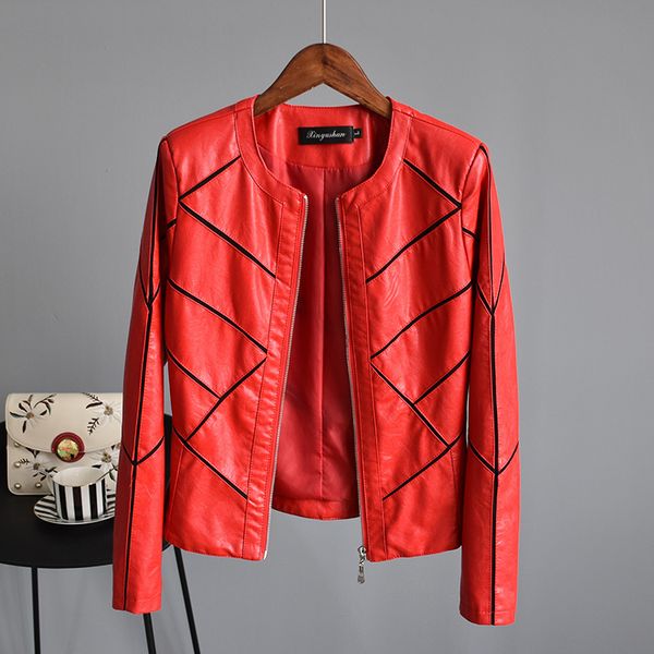 

[ewq] o neck plaid long sleeve short leather jacket female trend clothing pu mesh stitching leather coats spring new qk158 201016, Black;brown