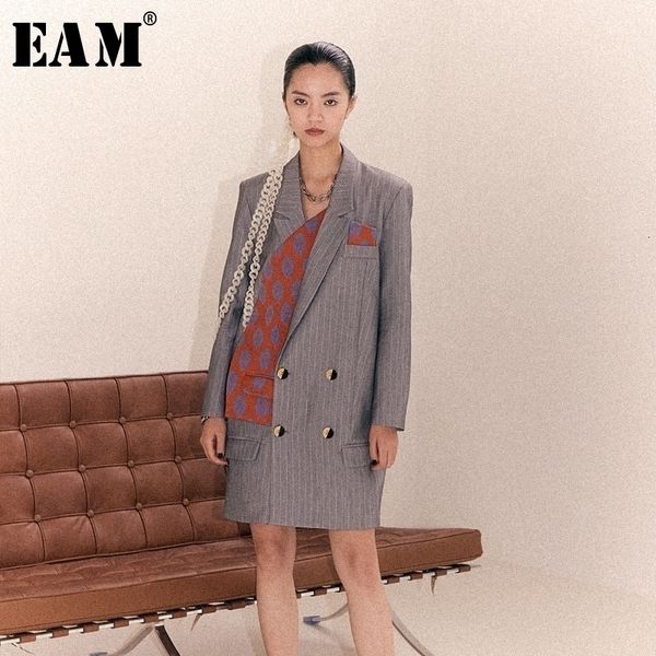 

[eam] loose fit gray pattern print split joint long jacket new lapel long sleeve women coat fashion spring autumn 1b902 201109, Black;brown