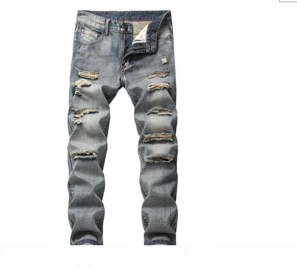 

мужская мода slim fit личность straightl вскользь разорванные джинсы джинсовые брюки джинсы мужчины skinny мужчины vaqueros hombre, Blue