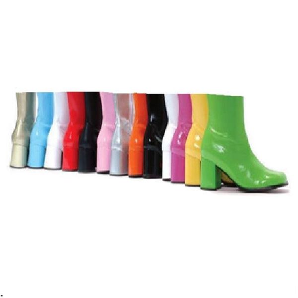 

boots women shoes high heels fashion ankle boots block heel white green patent leather ladies shoes zip square toe jelly, Black