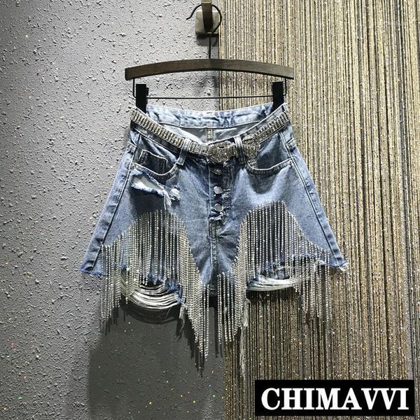 

european summer 2020 new hole ripped high waist drilling diamond chain short jeans slim jeans shorts for women denim shorts1, Blue