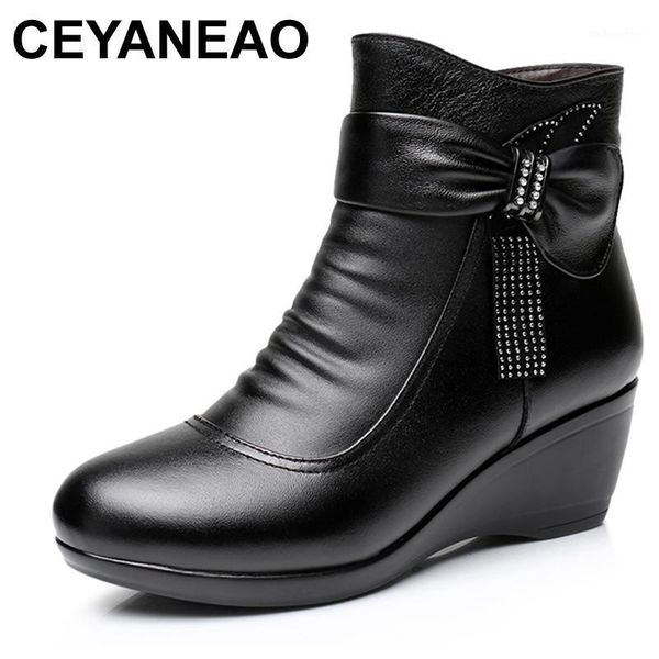 

ceyaneaonew 2020 women boots women genuine leather winter boots warm plush autumn shoes winter wedge shoes woman ankle1, Black