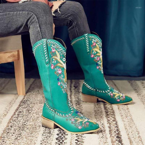 

boots puimentiua 2021 autumn customized women's thick heel pointed toe embroidered mid-tube1, Black