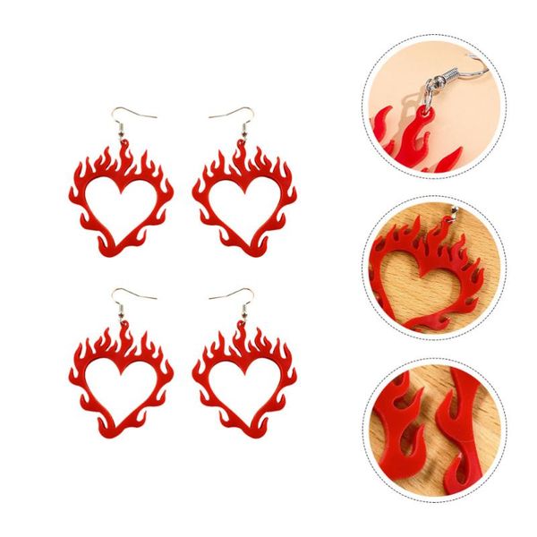 

2 pairs female spark earrings acrylic hollow heart shape flame ear decors (red), Silver