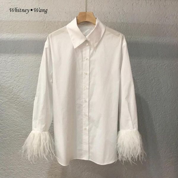 

women's blouses & shirts whitney wang feathers shirt women 2021 autumn winter fashion streetwear oversize white blouse lady loose blusa