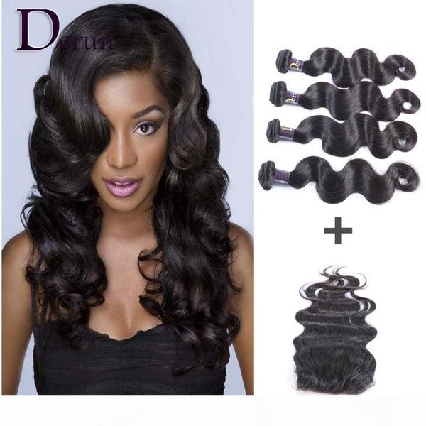 

brazilian human weave hair weft extensions 4 bundles and lace closure(4"x4") 1pcs body wave wavy natural color ing, Black