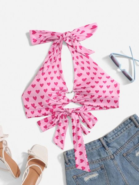 

heart allover print knot detail ring ruched halter 26hx#, White