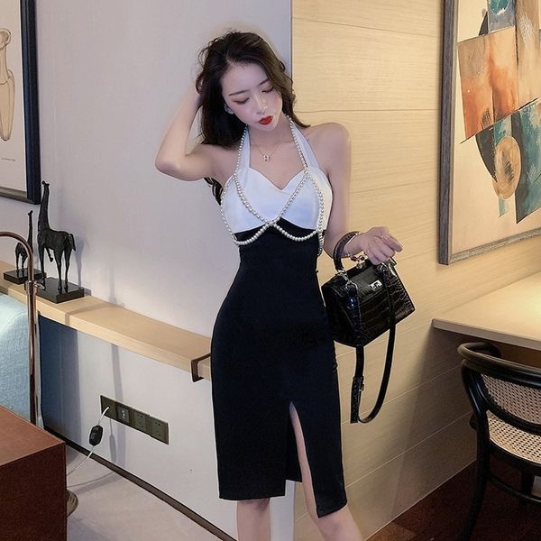 

2021 new european american female dress black and white color combining medium length with open v thin halterdress gx59, Black;gray