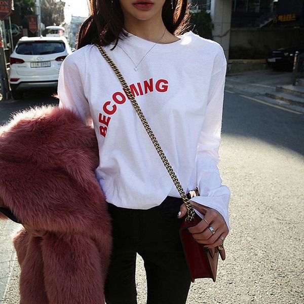 

qi9kz early sleeve 2020 new korean version ins coat letter printing long autumn t-shirt girl simple t-shirt student versatile fashion, White