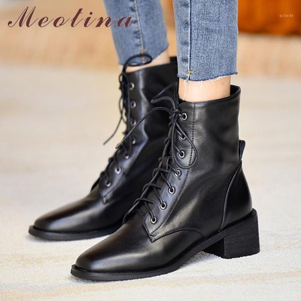 

boots meotina ankle women shoes genuine leather mid heel short round toe thick heels cross tied ladies autumn brown1, Black