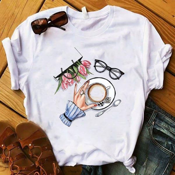 

women lady t shirt vogue coffee flower printed tshirt ladies short sleeve tee shirt women female clothes graphic t-shirt, White