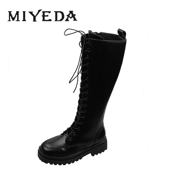 

boots long female round toe platform chunky heel lace-up mid-calf black white all-match british style women