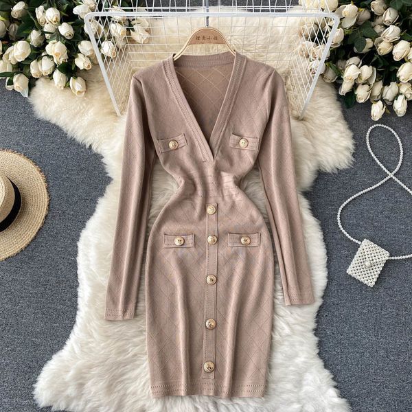 

fmfssom autumn knitting mini dress women black hight street deep v-neck dress gold button retro adjustable clothes 220308, Black;gray