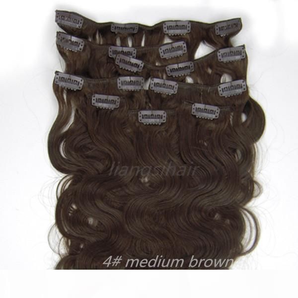 

18"-26" 8pcs 4# medium brown, body wave style clip in hair extensions brazilian indian peruvian malaysian remy human hair bundles, Black;brown