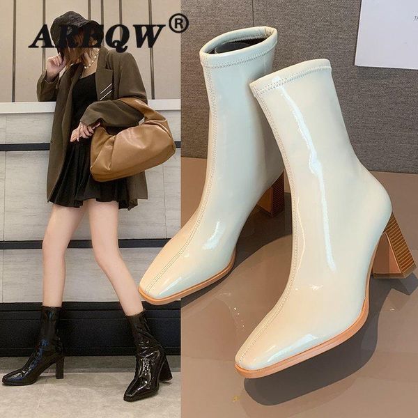 

winter fashion leather booties women new square head short boots female thick with shoes heel botas mujer, Black